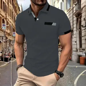 Men's slim fit grey polo shirt with stylish contrast color collar and pocket detail