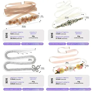 Detailed size and weight chart for four elegant bridal rhinestone waist belts for gowns
