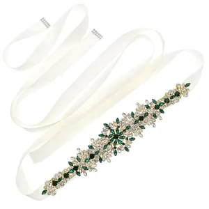 Emerald green and clear rhinestone bridal belt with white satin ribbon for wedding dresses