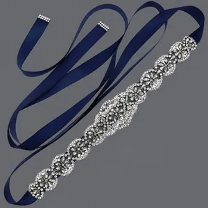 Elegant silver rhinestone bridal belt with navy blue ribbon for wedding dress accessories