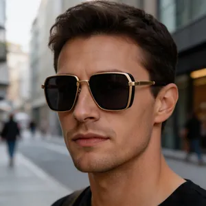 Detailed view of men's vintage punk square sunglasses with gold and black frame design