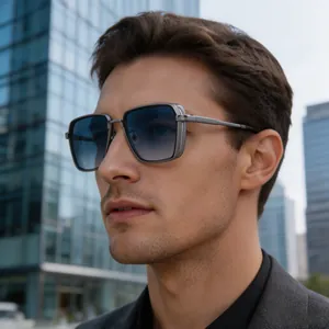 Detailed close-up of men's retro punk square sunglasses with stylish blue gradient lenses