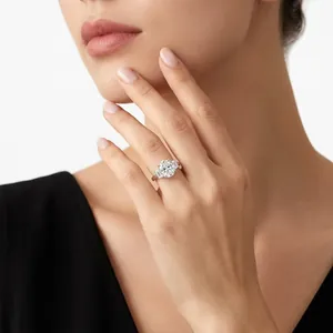 Elegant 925 sterling silver moissanite ring worn by a model in a luxury style setup