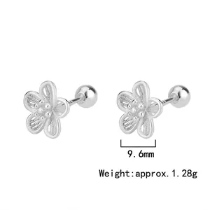Minimalist silver hollow flower stud earrings with screw-back design and 9.6mm size.