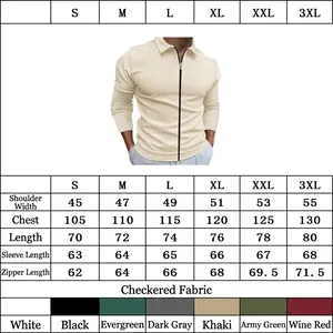 Detailed size chart for men's plaid zip-up jacket with multiple colors and metrics