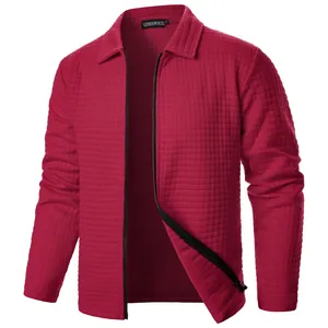 Detailed view of dark red waffle texture men's zip-up jacket with polo collar