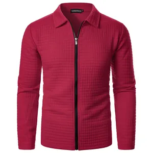 Men's burgundy waffle knit jacket with full front zipper and lapel collar
