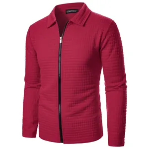 Detailed view of men's red waffle knit jacket with zipper and lapel collar