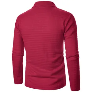 Detailed back view of men's burgundy waffle textured long sleeve zip-up cardigan