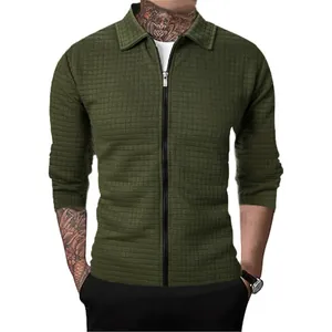 Men's olive green waffle knit zip-up jacket with lapel collar for casual autumn wear