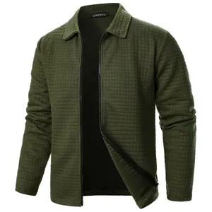 Detail of olive green waffle-knit jacket with zipper closure and spread collar