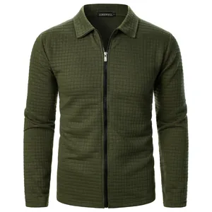 Close-up of men's army green waffle knit jacket with zipper and lapel collar detail