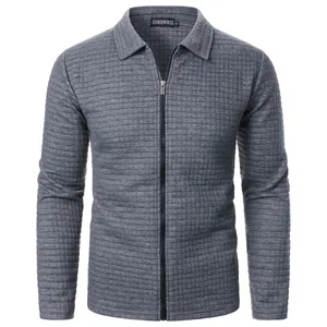 Detailed view of gray waffle knit zip-up cardigan with lapel collar for men