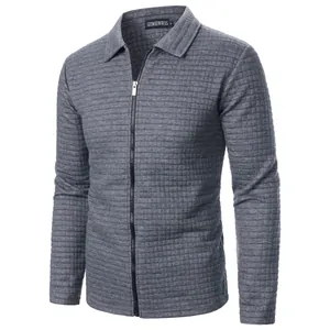 Men's casual grey waffle-knit zip-up jacket with lapel collar and long sleeves