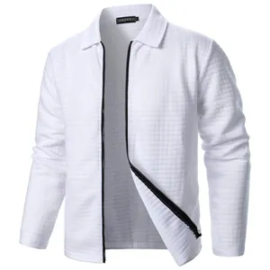 Close-up detail of white waffle grid fabric on men's casual zip-up lapel jacket