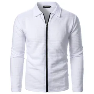 Men's casual white waffle knit zip-up jacket featuring lapel collar and long sleeves