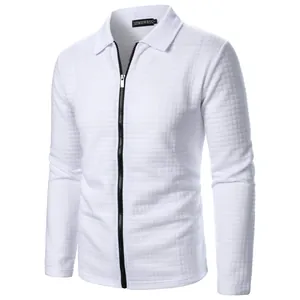 High quality detail view of white waffle knit men's zipper jacket with lapel collar