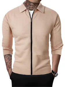 Detailed view of a men's peach waffle texture zip-up jacket featuring a lapel collar