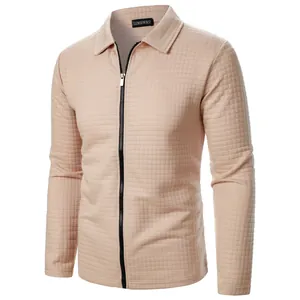 Detailed view of men's casual waffle texture zipper jacket with a classic lapel collar