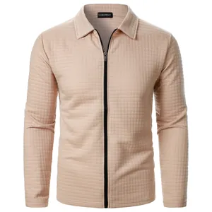 Men's beige waffle knit zip-up jacket featuring a lapel collar and grid texture.