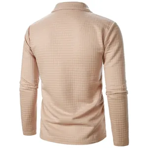 Rear view of men's casual waffle knit cardigan jacket with textured grid pattern in beige