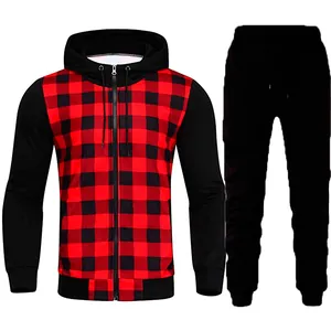 Ensemble sweat à capuche zippé et pantalon à carreaux rouges et noirs homme