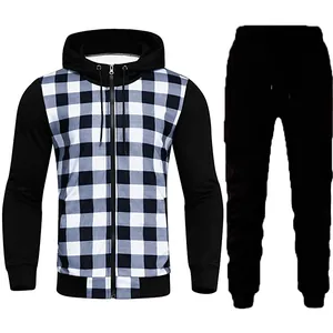 Ensemble de survêtement pour homme avec sweat à capuche zippé à carreaux noir et blanc