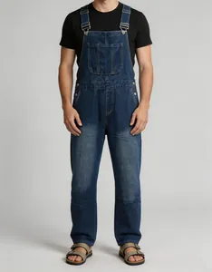 Detailed front view of men's retro blue denim bib overalls with adjustable straps