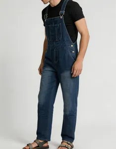 Full-body shot of retro men's denim overalls in dark blue with adjustable straps