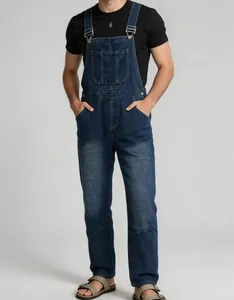 Retro style dark blue men's denim overalls with functional pockets and bib design
