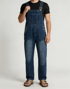 Vintage style men's blue denim overalls with adjustable straps and functional pockets