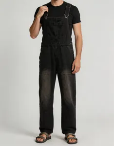 Stylish men's vintage black denim overalls with adjustable straps and pocket