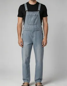 Front view of men's vintage light blue denim overalls with adjustable straps and pockets