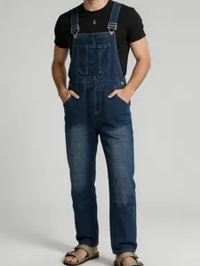 Stylish men's vintage dark blue denim overalls featuring adjustable shoulder straps