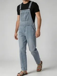 Men's vintage light blue denim overalls dungarees with straight leg and chest pocket