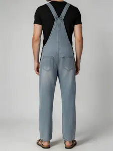 Classic light blue denim overalls for men featuring retro wash and back pocket design