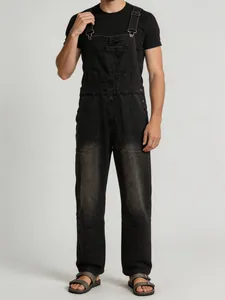 Stylish retro black denim overalls for men featuring a vintage washed finish and bib pocket.