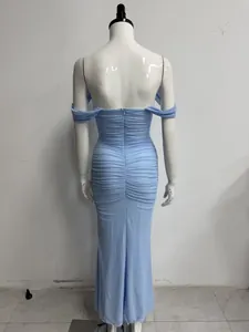 Detailed back view of a light blue off-the-shoulder ruched mesh bodycon maxi dress