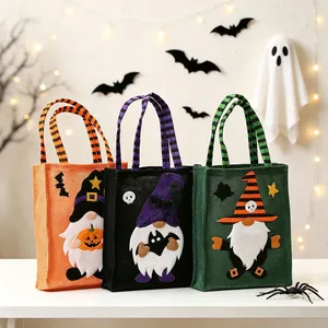 Halloween Burlap Gift Bag Cute Gnome Faceless Doll Print Candy Treat Bag With Striped Handle For Party Holiday Decoration