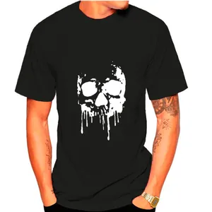 Detail of fashionable black men's T-shirt featuring a unique dripping white skull print
