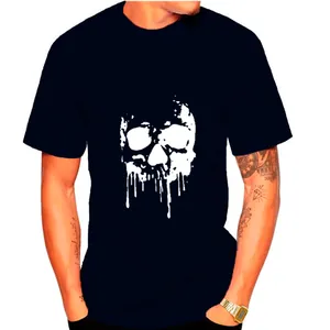 Detail view of a black men's t-shirt featuring a white dripping skull graphic print