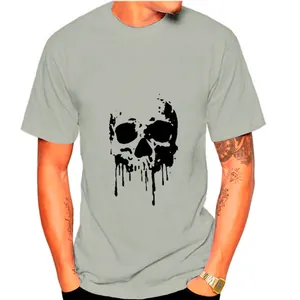 Men's trendy light grey short sleeve T-shirt featuring a dripping black skull print