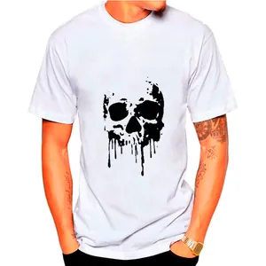 Casual white men's short sleeve T-shirt featuring a black dripping skull graphic print