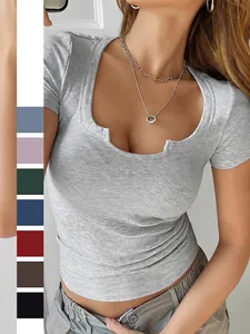 Kurzarm Rippstrick T-Shirt Viskose Elasthan Kerbausschnitt Slim Fit Damen Oberteil