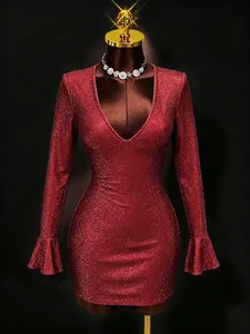 Robe Mini Moulante Sexy Brillante à Paillettes pour Femme Col en V Profond Manches Longues Cloches Robe de Soirée Club Cocktail