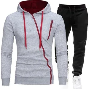 Men's grey hoodie and black jogger pants sports set with diagonal red zipper