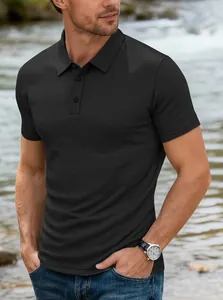 Detailed close-up showing the breathable texture of a men's black ice silk polo shirt
