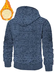 Rückansicht eines blauen Jacquard-Herrenkapuzenpullovers mit dickem Fleece-Futter
