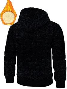 Detailansicht der Rückseite einer dicken schwarzen Jacquard-Herrenkapuzenjacke mit Vlies