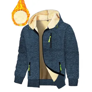 Dicke Herren Kapuzenjacke in Blau meliert mit warmem Sherpa-Futter und neongrünen Reißverschlüssen